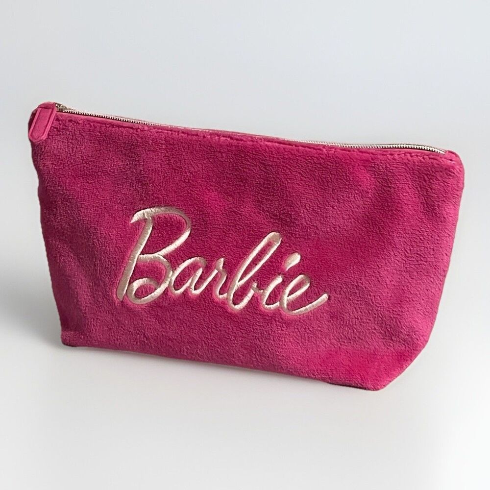 Barbie Soft Plush Cosmetics Bag Hot Pink Script Logo